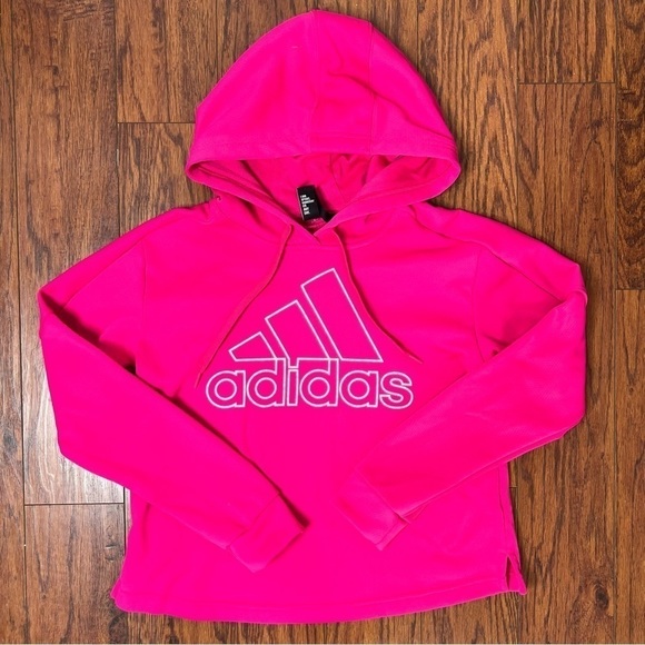 Adidas Bright Hot Pink Pullover Hooded Logo Fleece Lined Sweatshirt Size Small - Picture 15 of 16